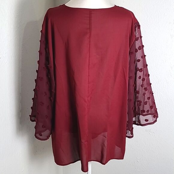 Shein Curve Burgundy & Maroon Mix Top, Fringe Polka-dot Bell Sleeves, Sz 3X,NWOT - Picture 6 of 8